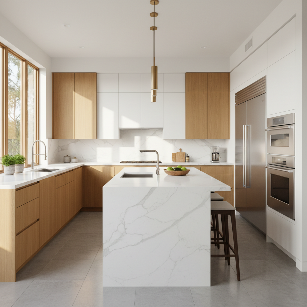 Bright upscale kitchen with integrated refrigerator and wall oven
