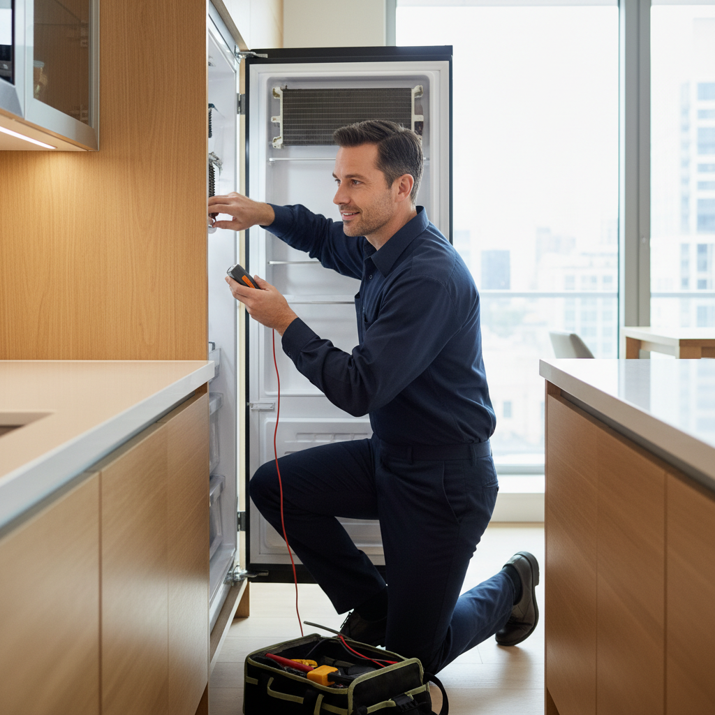 Technician inspecting a built-in refrigerator